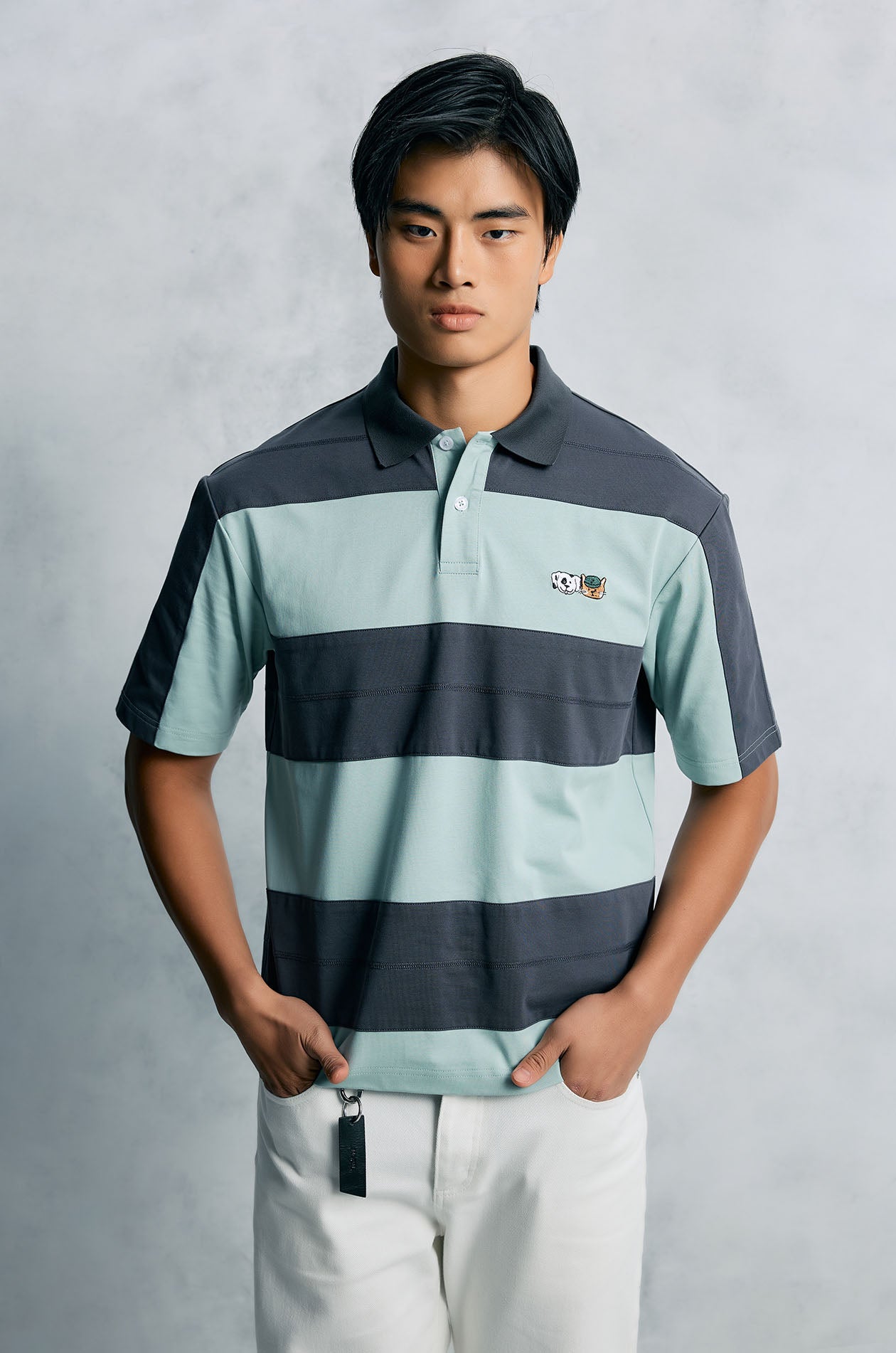 Cat and Dog Striped Polo Shirt