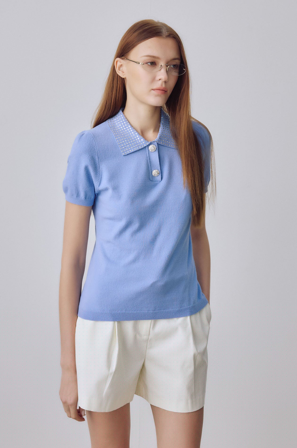 Rhinestone Collar Knit Polo Shirt