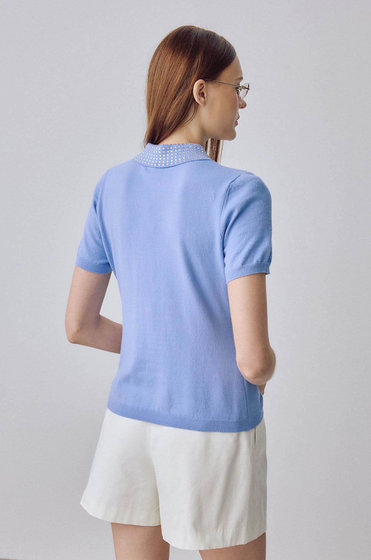 Rhinestone Collar Knit Polo Shirt