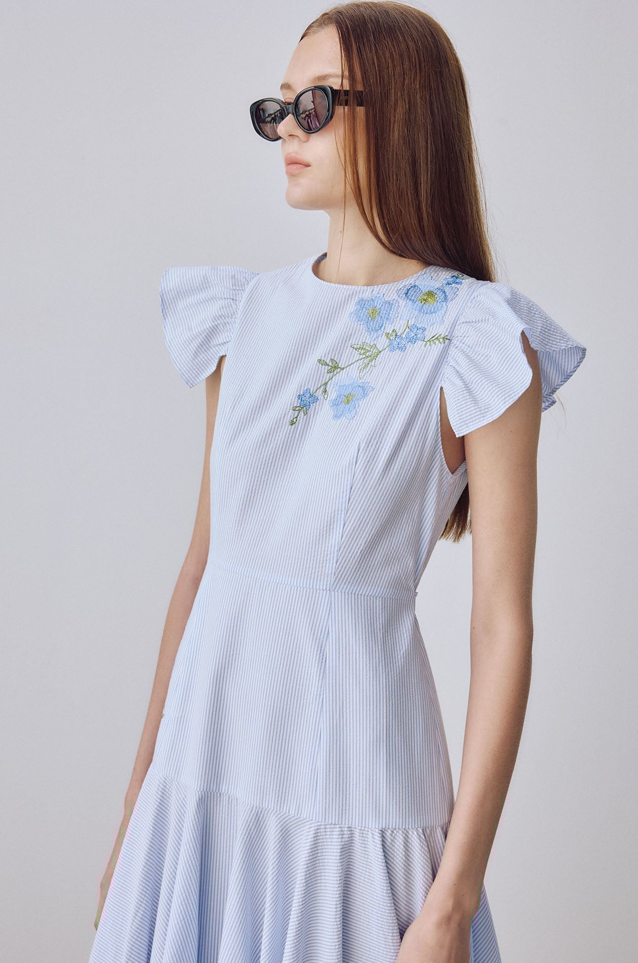 Blue Flower Seersucker Midi Dress
